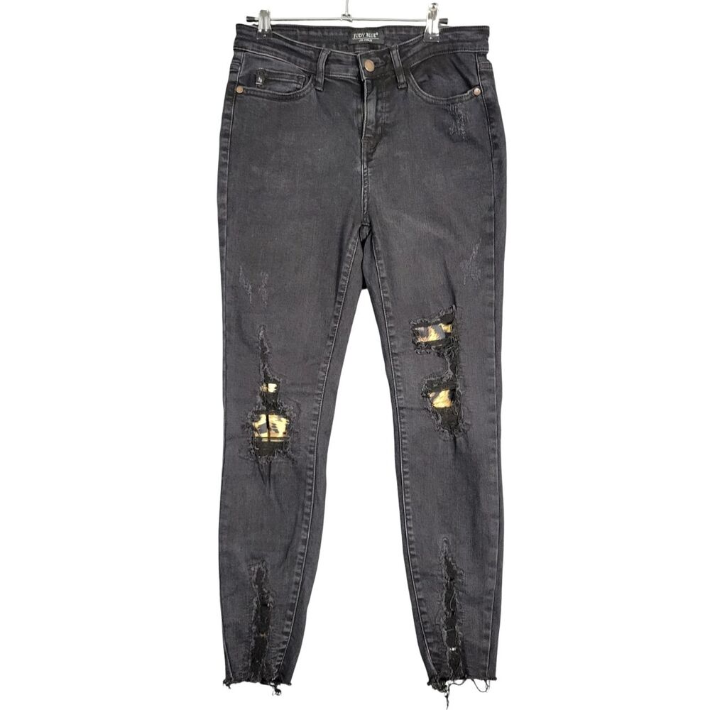JUDY BLUE Black Skinny Fit Distressed Cheetah Patched Denim Jeans SIZE 7 / 28